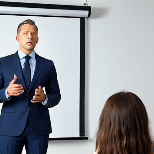 Home 4 **A well-dressed man in a navy blue suit confidently addressing an audience during a presentation. The scene is a modern office setting, conveying trust and leadership.**