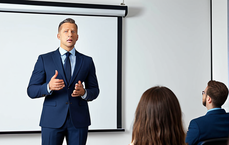 **A well-dressed man in a navy blue suit confidently addressing an audience during a presentation. The scene is a modern office setting, conveying trust and leadership.**