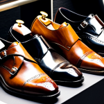 A meticulously arranged display of various men's dress shoes, showcasing the rich textures of full-grain leather and soft calf leather. Prominently featured are a classic black Oxford, a versatile dark brown Derby, and an elegant Monk Strap with subtle buckles. Each shoe exhibits impeccable craftsmanship, polished to a perfect shine, highlighting their durability and timeless design. The setting is a sophisticated, well-lit shoe boutique with a warm, inviting atmosphere, emphasizing the premium quality and artistry of the footwear. safe for work, appropriate content, fully clothed, professional, perfect anatomy, correct proportions, natural pose, well-formed hands, proper finger count, natural body proportions, professional photography, high detail, sharp focus, elegant composition, studio lighting.