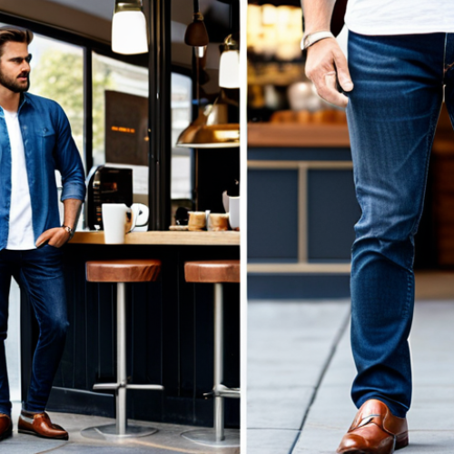 Home 27 Modern Denim Innovation**
"A stylish, fully clothed man in his late 20s, wearing slim-fit dark wash jeans with subtle distressing, paired with a crisp white button-down shirt and brown leather loafers. He is standing in a modern, well-lit urban setting with a coffee shop in the background. Jeans feature a comfortable elastane blend. Professional, safe for work, appropriate content, perfect anatomy, natural proportions, high-quality photography, modest clothing."
**