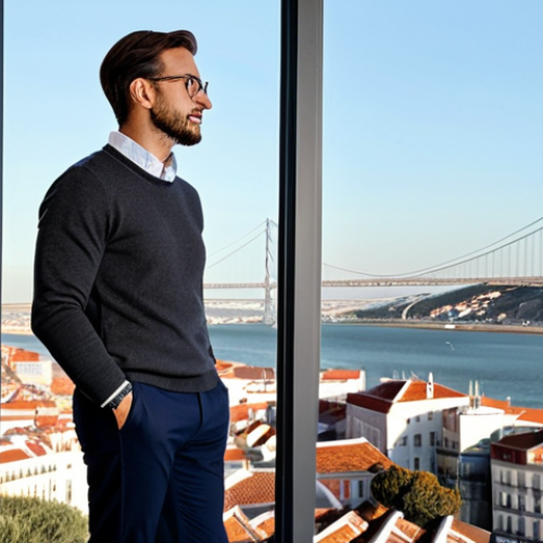 Home 26 Business Casual**
A professional man in a modest, dark gray crewneck sweater layered over a crisp white button-down shirt, paired with tailored navy blue chinos, standing in a modern Lisbon office with a view of the Tagus River. Fully clothed, appropriate attire, safe for work, perfect anatomy, natural proportions, professional photography, high quality.
**