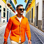 **Vibrant Spring Outfit:** A stylish man in a bright orange linen shirt, paired with beige chinos, walking down a Lisbon street. He's wearing trendy sunglasses and white sneakers. The background features colorful buildings with azulejo tiles. Keywords: Spring fashion, Lisbon, vibrant colors, linen, casual, stylish, appropriate attire, safe for work.