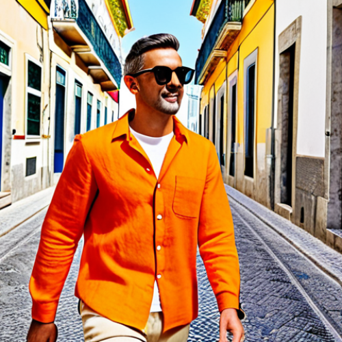 Home 11 **Vibrant Spring Outfit:** A stylish man in a bright orange linen shirt, paired with beige chinos, walking down a Lisbon street. He's wearing trendy sunglasses and white sneakers. The background features colorful buildings with azulejo tiles. Keywords: Spring fashion, Lisbon, vibrant colors, linen, casual, stylish, appropriate attire, safe for work.