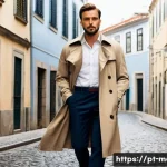 남성용 트렌치코트 브랜드 - **Prompt:** A sophisticated man in his late 30s stands confidently on a charming, slightly damp cobb...