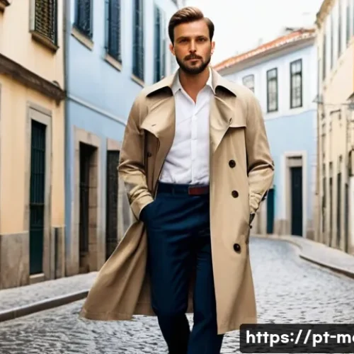 Home 9 남성용 트렌치코트 브랜드 - **Prompt:** A sophisticated man in his late 30s stands confidently on a charming, slightly damp cobb...