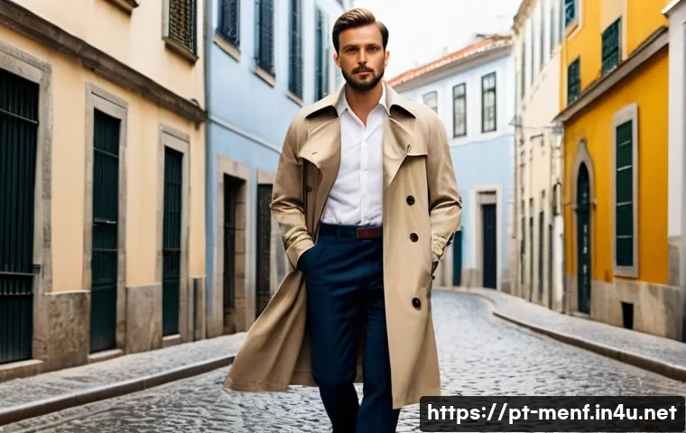 남성용 트렌치코트 브랜드 - **Prompt:** A sophisticated man in his late 30s stands confidently on a charming, slightly damp cobb...