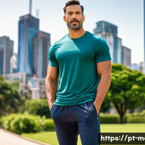 Home 33 남성 스포츠웨어 트렌드 - A stylish Brazilian man in his 30s wearing a fitted dry-fit athletic t-shirt and organic cotton jogg...