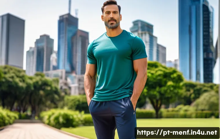 남성 스포츠웨어 트렌드 - A stylish Brazilian man in his 30s wearing a fitted dry-fit athletic t-shirt and organic cotton jogg...