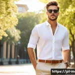 Home 20 남성 여름 화이트 패션 - A stylish young man wearing a crisp white cotton shirt with rolled-up sleeves, paired with beige chi...