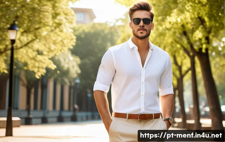 남성 여름 화이트 패션 - A stylish young man wearing a crisp white cotton shirt with rolled-up sleeves, paired with beige chi...