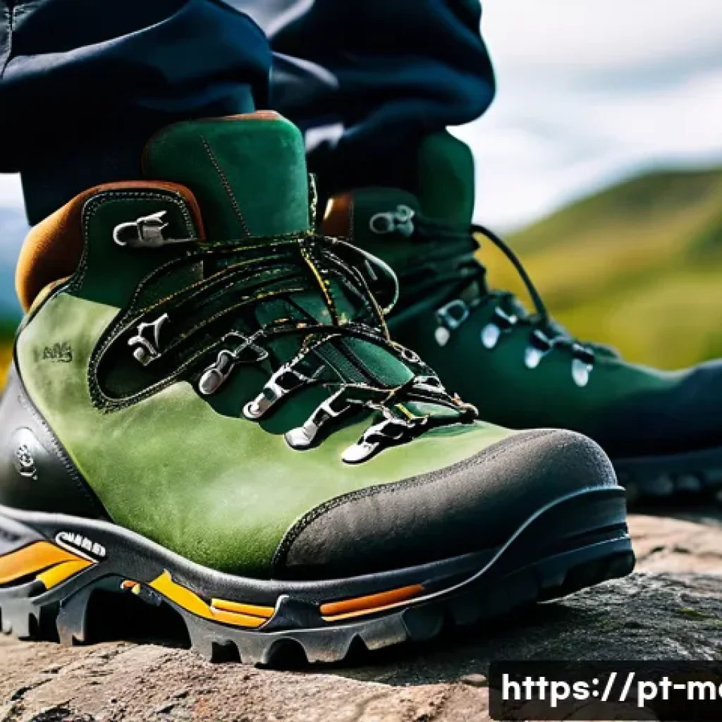 남성용 하이킹 부츠 추천 - A close-up, high-resolution image of a pair of men's hiking boots made of rich, textured leather wit...