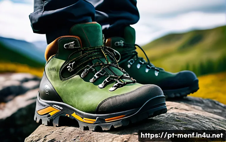 남성용 하이킹 부츠 추천 - A close-up, high-resolution image of a pair of men's hiking boots made of rich, textured leather wit...