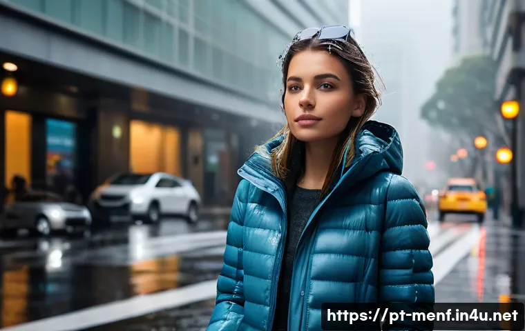겨울 패딩과 코트 비교 - A stylish urban scene in S&atilde;o Paulo during a cool, humid winter day: a young adult woman wearing a sl...