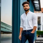 Home 23 남성용 데님 브랜드 리뷰 - A stylish urban male model wearing a pair of slim-fit dark indigo jeans made from 100% organic cotto...