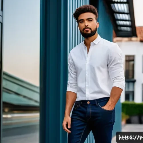 Home 17 남성용 데님 브랜드 리뷰 - A stylish urban male model wearing a pair of slim-fit dark indigo jeans made from 100% organic cotto...