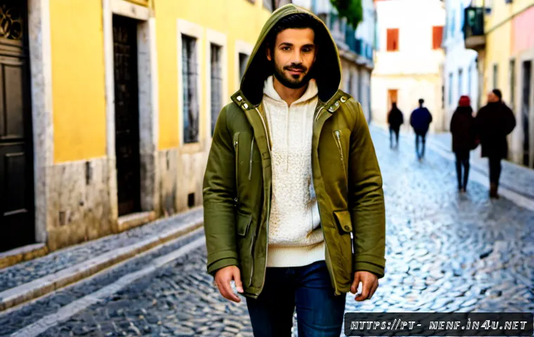 Home 17 남성용 파카 스타일링 - Photorealistic men’s parka styling on a stylish Portuguese man in his early 30s walking along a cobb...
