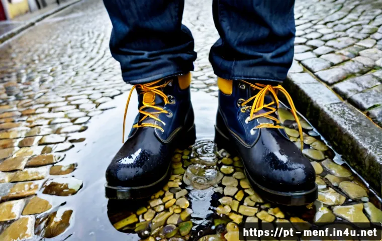 겨울 남성용 방수화 - Photorealistic close-up of a man wearing rugged waterproof winter boots, standing on rain-slick Port...
