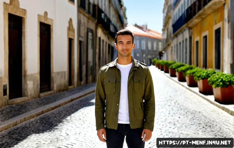 Home 17 남성 봄 재킷 추천 - Photorealistic spring menswear lifestyle scene in Lisbon, Portugal: a stylish man in his early 30s w...