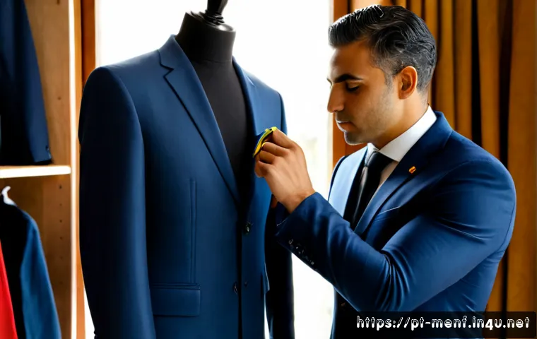 Home 17 정장 맞춤 팁 - Photorealistic bespoke suit fitting in an elegant Brazilian tailoring studio, a skilled tailor adjus...